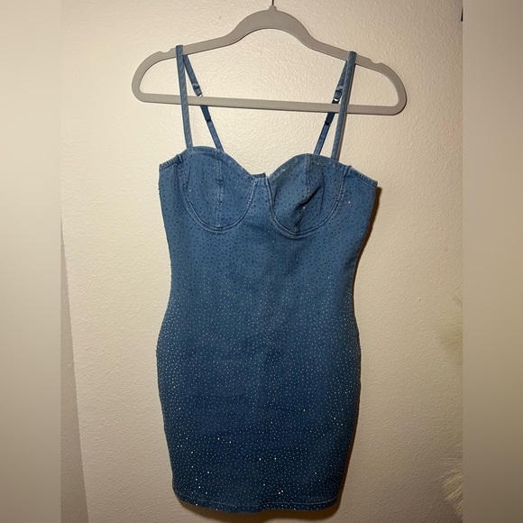 Elegant Blue Denim Dress With Rhinestones, Size Medium - Picture 1 of 4